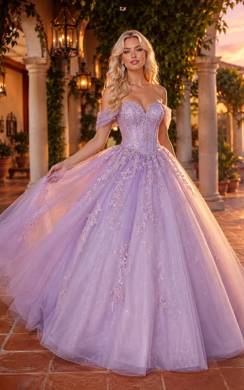 Vestido de quinceañera romántico de princesa con escote corazón y hombros descubiertos de la marca Lavender Hacienda