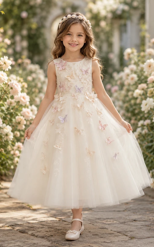 Vestido de niña de las flores color marfil con apliques de mariposas en tonos pastel, corpiño de encaje con escote joya y falda de tul de corte A hasta la rodilla.