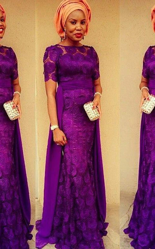 Wunderschönes lila Abendkleid mit kurzen Ärmeln, bodenlang