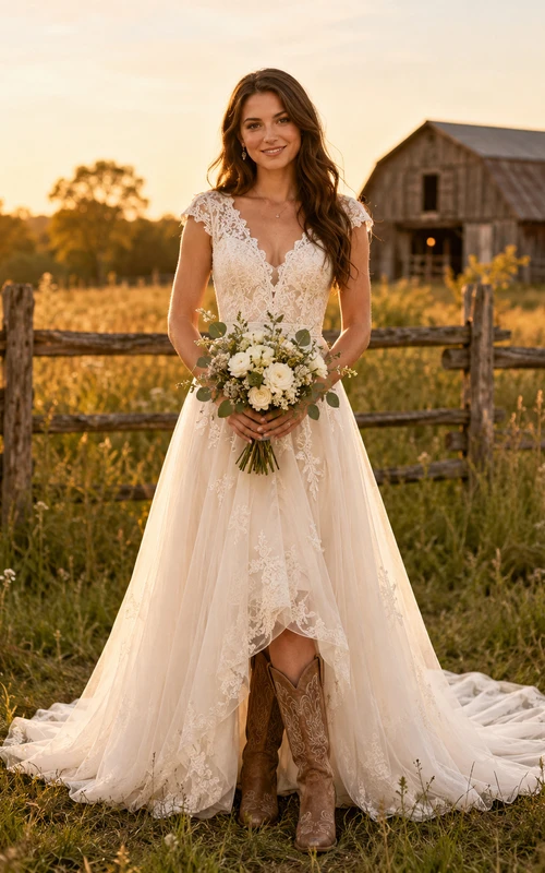 Robe de mariée de maternité à col en V et manches papillon en dentelle, robe de mariée champêtre