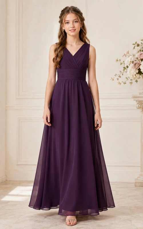 Traubenfarbenes Brautjungfernkleid, A-Linie, V-Ausschnitt, ärmellos, gerafft, elegant