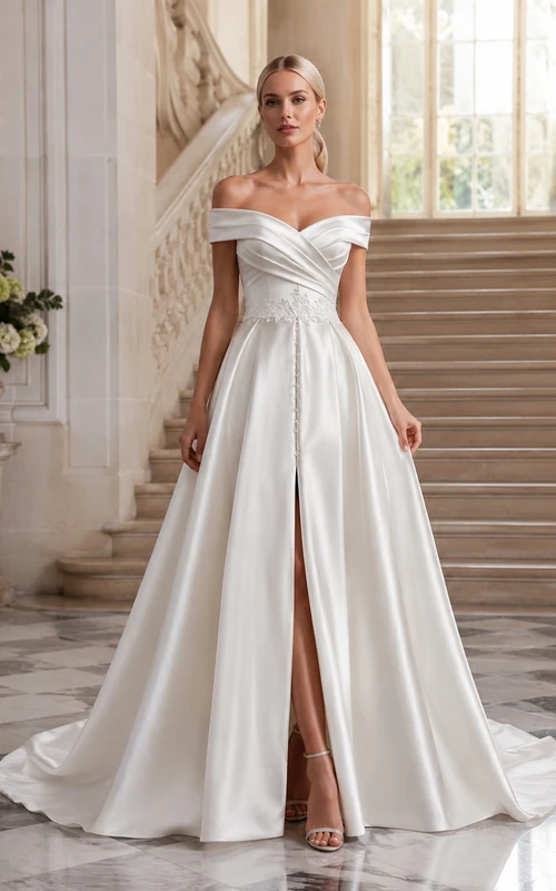 Robe de mariée élégante en satin, épaules dénudées, coupe trapèze, fente sur le devant et taille naturelle