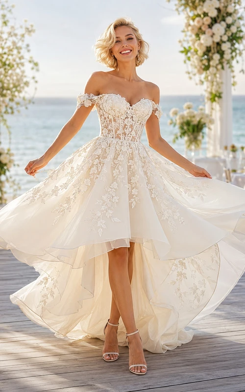 Blumenbesetztes schulterfreies High-Low-Hochzeitskleid für Empfänge im Freien