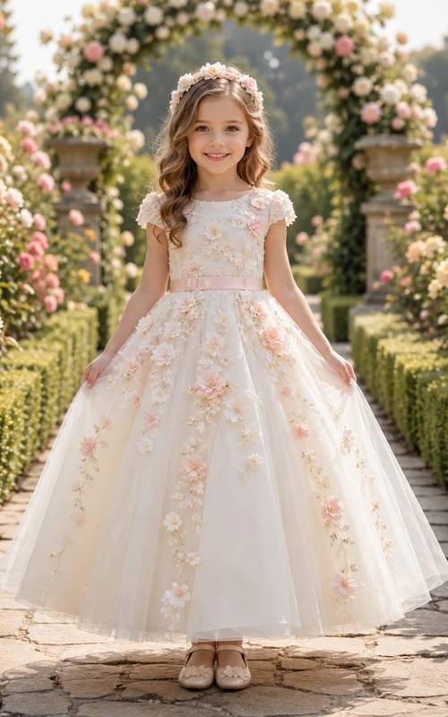 Robe longue de luxe trapèze pour demoiselle d'honneur, ornée de dentelle florale et d'appliqués en tulle, col montant, style champêtre.