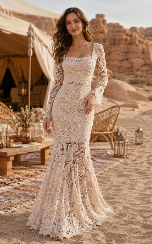 Vestido de novia bohemio de encaje de ganchillo con mangas largas estilo sirena para fugas románticas en el desierto