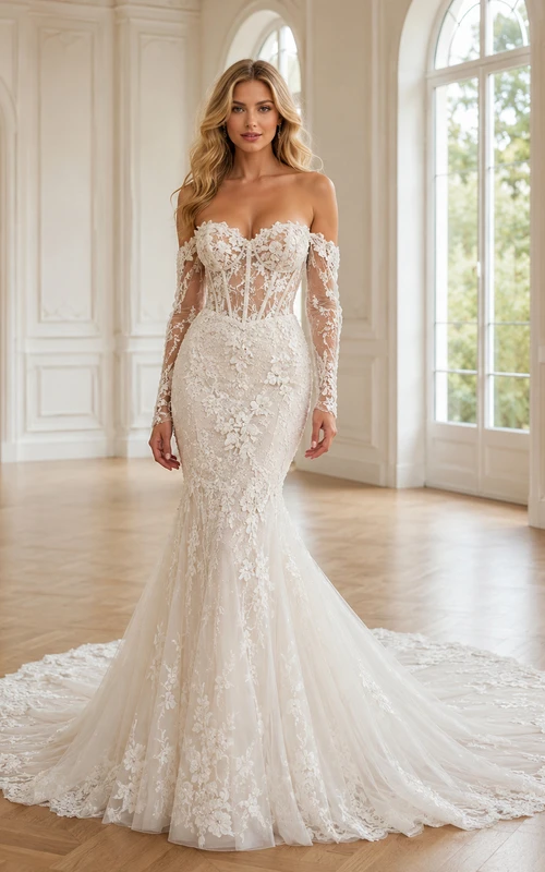 Robe de mariée sirène en dentelle transparente, épaules dénudées, manches longues, traîne chapelle, ornée d'appliqués floraux.