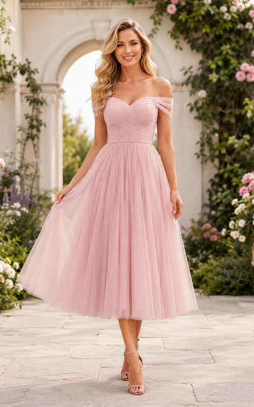 Vestido de cóctel romántico de gasa con escote corazón y hombros descubiertos, corte en A, largo hasta la rodilla, color rosa perla, color rosa jardín.