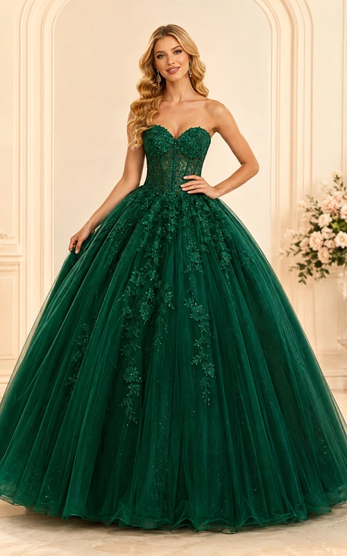 Vestido de gala largo de lujo sin tirantes con escote corazón, encaje y tul, color esmeralda, ideal para quinceañeras.