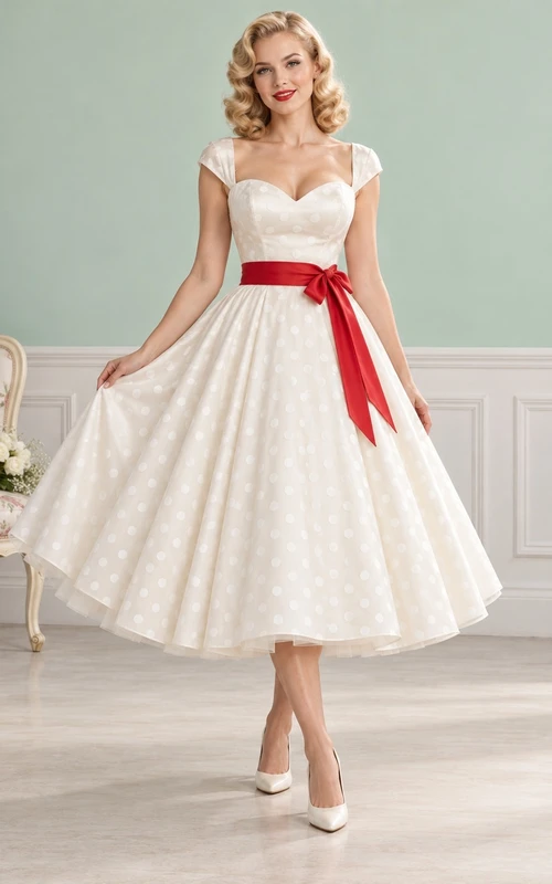 Vintage Rockabilly Polka Dot Red Sash Cap Sleeve Tea-length A-Line Dress