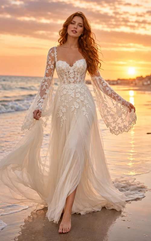 Sweetheart Bell Sleeve Lace Beach Chapel Wedding Dress