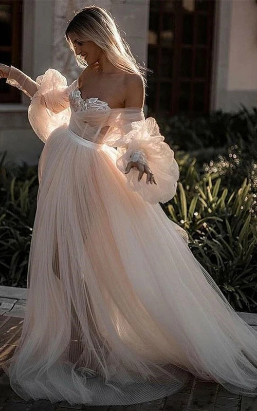 Puff Flowy Illusion Tulle A-line Off-the-shoulder Criss-cross Dress
