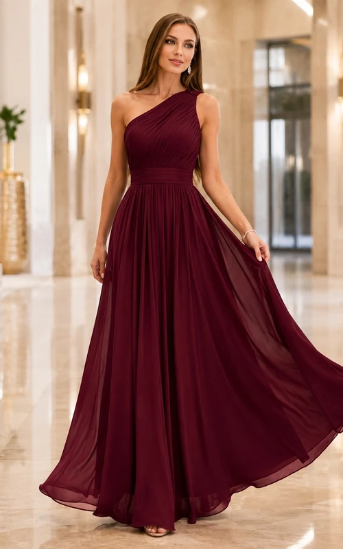 Burgundy One Shoulder Chiffon A Line Romantic Evening Dress