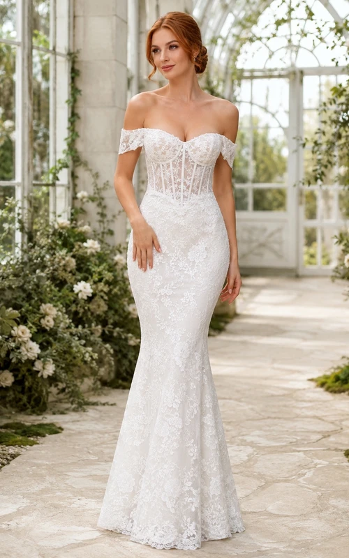 Romantisches Brautkleid mit Spitzenkorsett, schulterfreiem Herzausschnitt, Meerjungfrauen-Stil und bodenlang