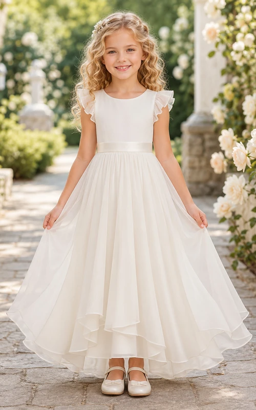 Blumenmädchenkleid aus elfenbeinfarbenem Chiffon, A-Linie, V-Ausschnitt, Teelänge, plissiert