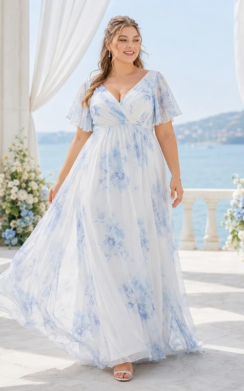 Himmelblaues, luftiges Chiffon-Brautkleid im Boho-Stil in Übergröße, A-Linie, V-Ausschnitt, flatternde Ärmel