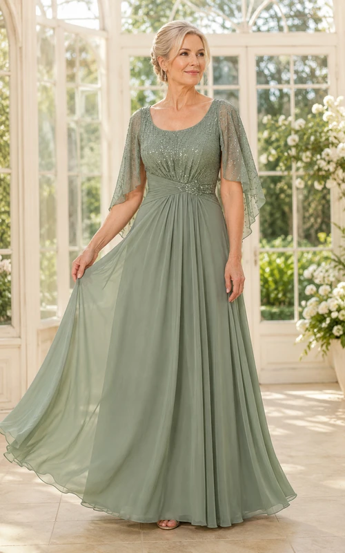 Salbeigrünes Chiffon-Kleid in A-Linie mit Volantärmeln
