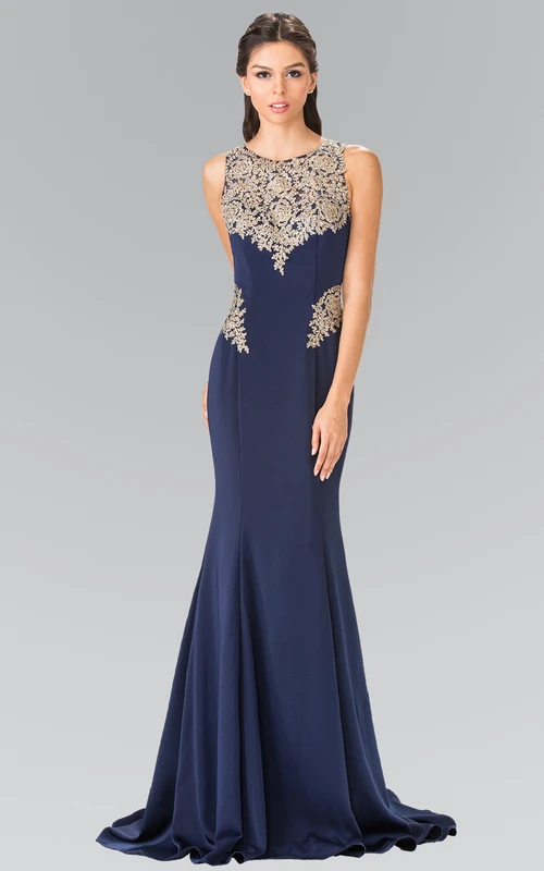 Sheath Maxi Scoop-Neck Sleeveless Jersey Brush Train Dress With Beading