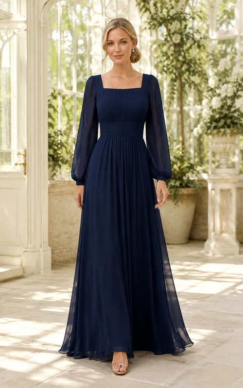Robe de soirée bleu marine foncé en mousseline, coupe trapèze, col carré, manches longues, longueur au sol