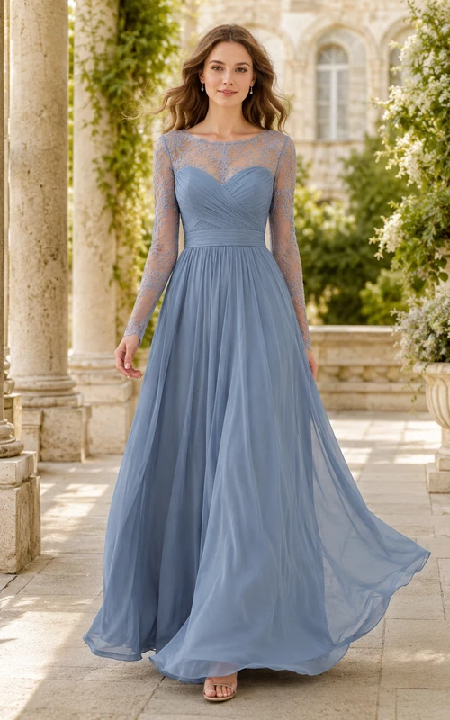 Robe de soirée vintage bleu acier en mousseline de soie, coupe bateau, style trapèze