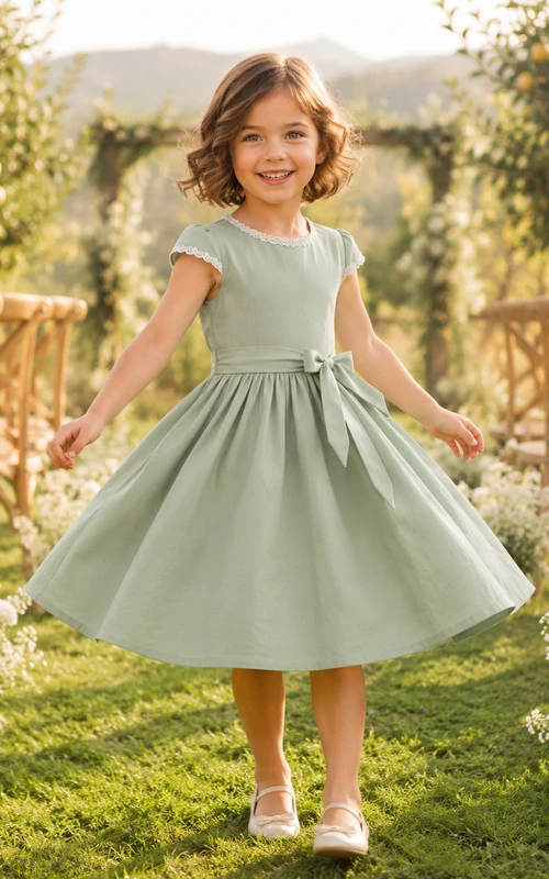 Blumenmädchenkleid aus salbeigrünem Chiffon-Tüll, A-Linie, Rundhalsausschnitt, Teelänge, plissiert