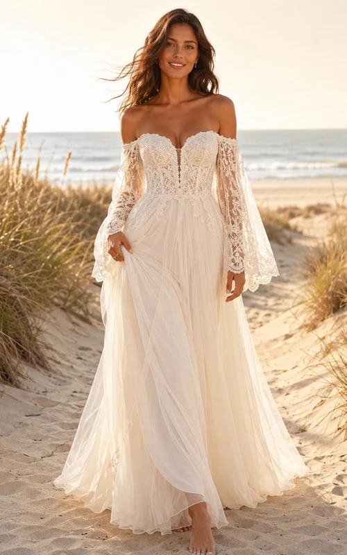 Robe de mariée bohème de plage, épaules dénudées, manches cloche longues en dentelle, tulle, coupe empire, trapèze