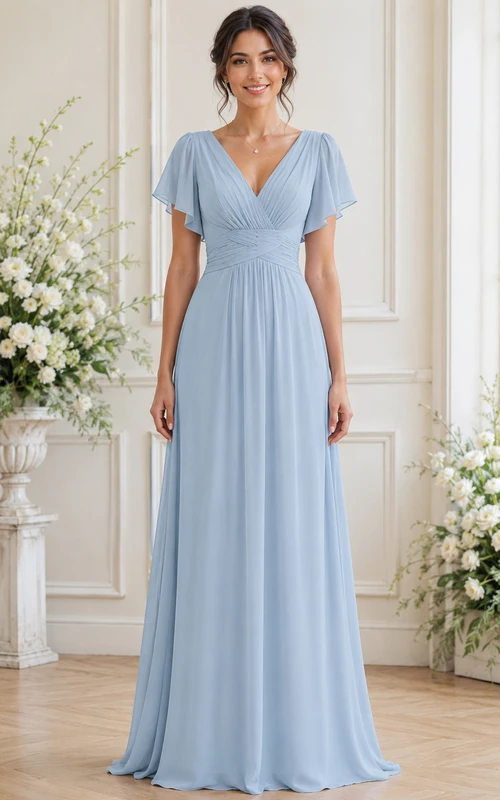 Himmelblaues Brautjungfernkleid aus Chiffon mit V-Ausschnitt, kurzen Ärmeln und A-Linie