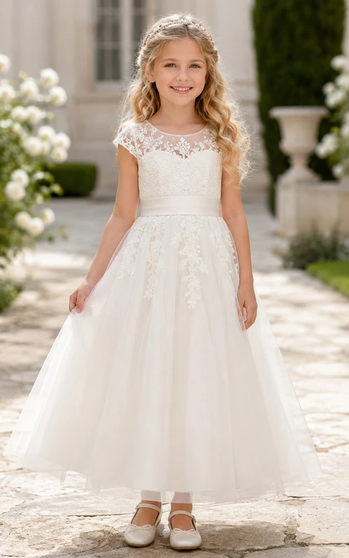 Robe de demoiselle d'honneur en dentelle ivoire et tulle, coupe trapèze, manches courtes, col rond, longueur midi