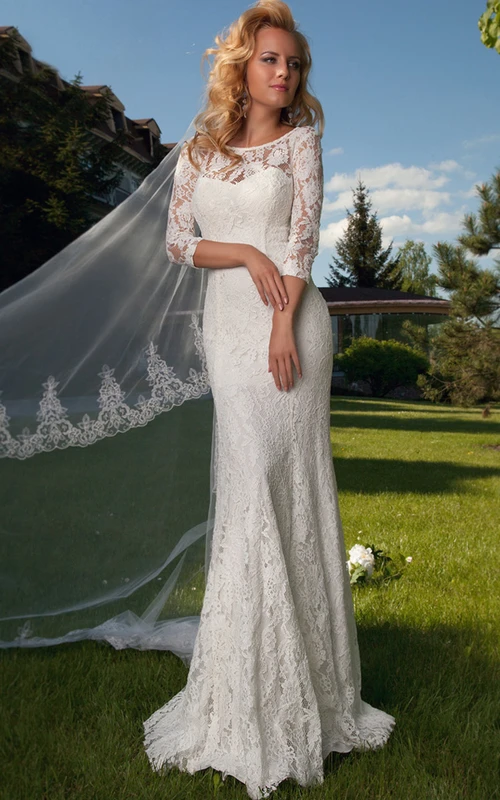Vestido de novia modesto de corte recto con mangas 3-4, apliques, escote redondo y encaje.