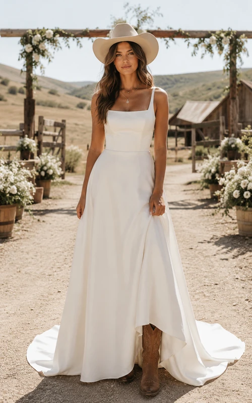 Schlichtes, ländliches A-Linien-Brautkleid aus Satin mit eckigem Ausschnitt und Kapellenschleppe.