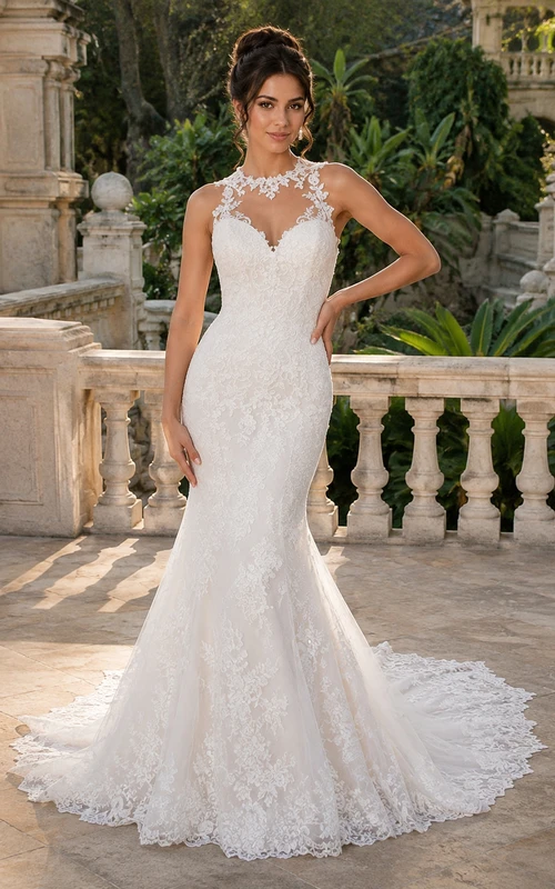 Wedding Mermaid Lace Dress with High Neck, Keyhole Back, and Train