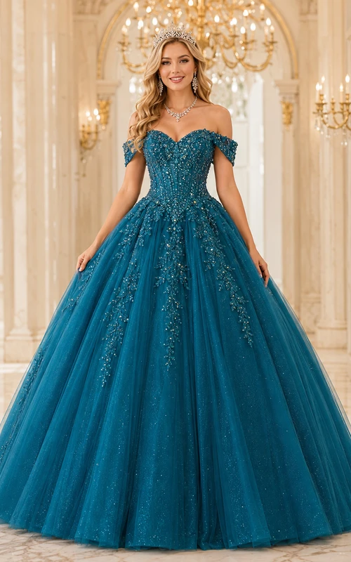 Vestido de quinceañera de lujo de tul con mangas cortas y hombros descubiertos, estilo pavo real color verde azulado.