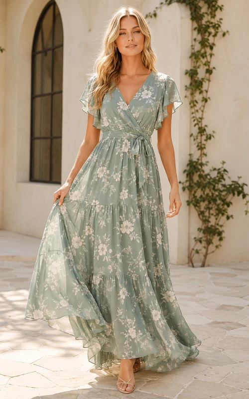 Robe longue d'invitée à volants, col en V et manches papillon, couleur sauge