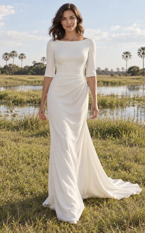 Vestido de novia sencillo y discreto de satén con escote barco, mangas cortas y cintura drapeada.
