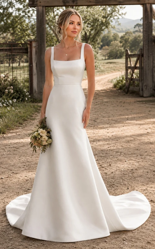 Robe de mariée champêtre en satin, coupe trapèze, col carré, larges bretelles et traîne
