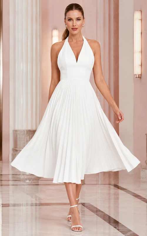 Marble Swing White A-Line Tea-Length Halter Sleeveless Chiffon Vintage Cocktail Dress