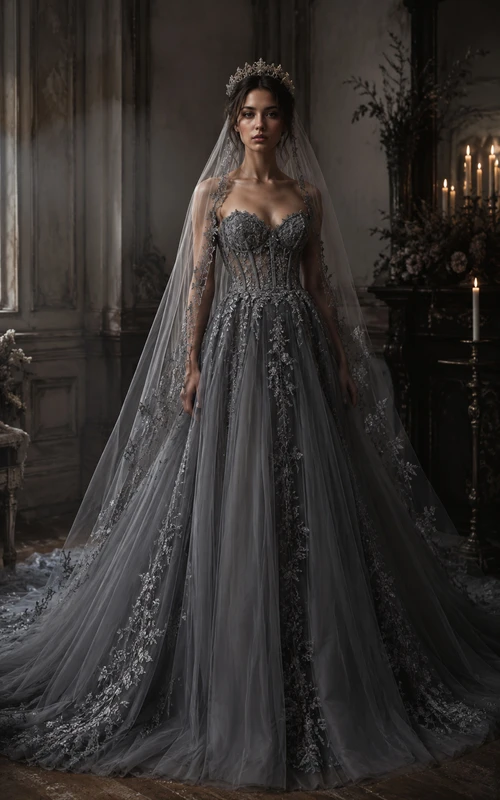 Vestido de novia de corte A con apliques de encaje gris acero y tul