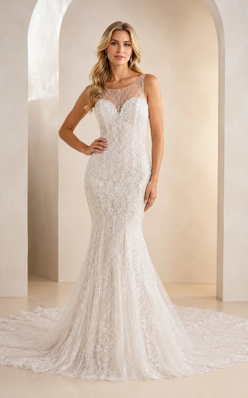 Vestido de novia de encaje con detalle de tirantes estilo sirena, cola larga y espalda baja en V.
