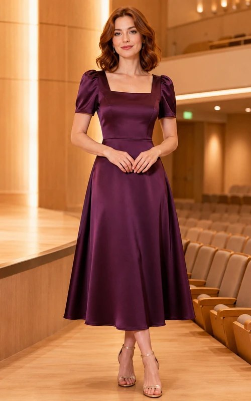 Plum square neck puff sleeve satin performance midi dress