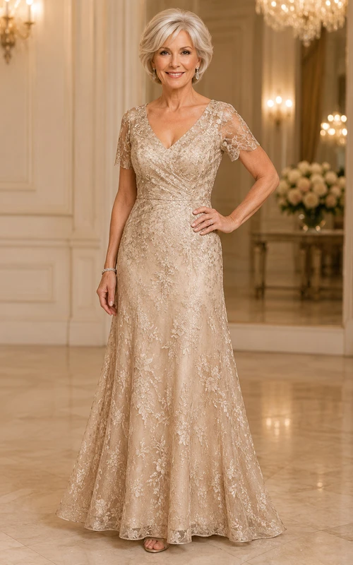 MOB Dress Champagne Lace Sequin Mermaid Short Sleeve V-Neck Floor Length Beaded