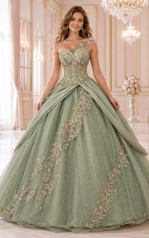 Vestido de princesa de quinceañera de lujo color champán salvia, con un solo hombro, capas y bordados.