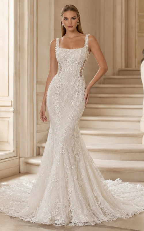 Robe de mariée sirène vintage en dentelle, bretelles carrées, sans manches, traîne chapelle, applications florales, style jardin