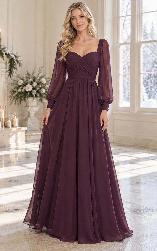 Vestido de dama de honor de gasa color ciruela con escote corazón y mangas abullonadas largas