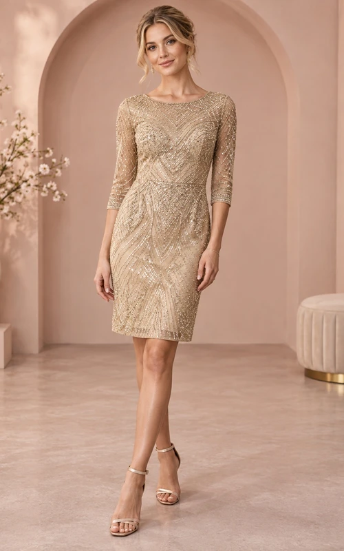 Robe de cocktail modeste à sequins dorés, col bijou et manches trois-quarts
