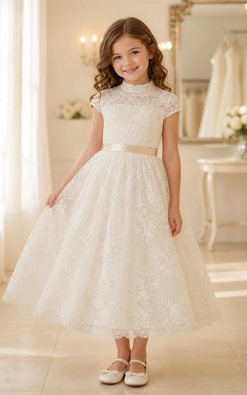 Modest Tea-length A-Line High Neck Cap Sleeve Sash Tulle Flowergirl Dress