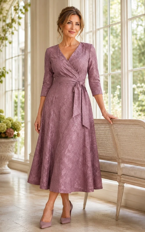 Vintage Mauve Mother Dress Lace Midi A-Line Three-Quarter Sleeve Gown