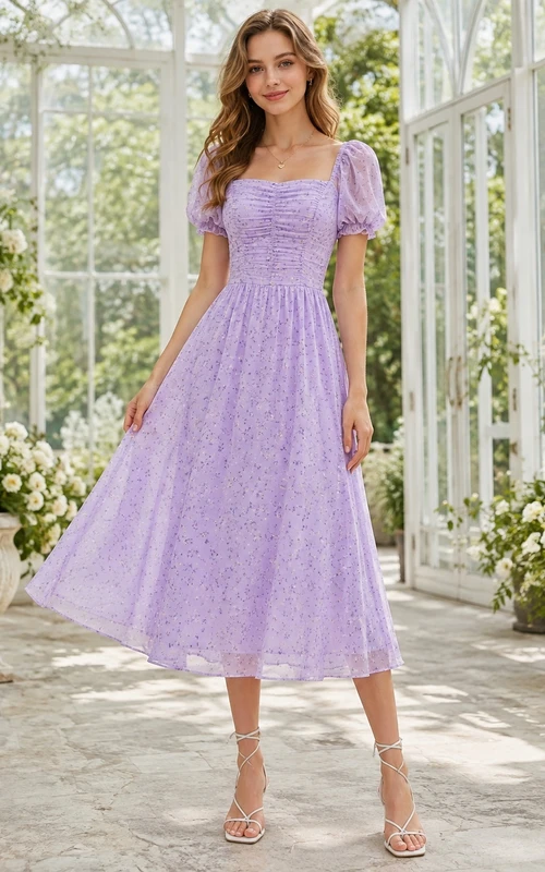 Robe romantique en mousseline lavande à manches bouffantes, col carré et coupe trapèze, longueur thé, coupe A, en mousseline, longueur thé.