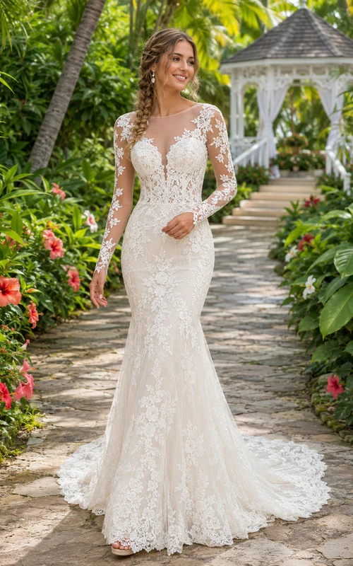 Robe de mariée sirène en dentelle, décolleté plongeant en V, manches illusion, traîne chapelle, robe de plage