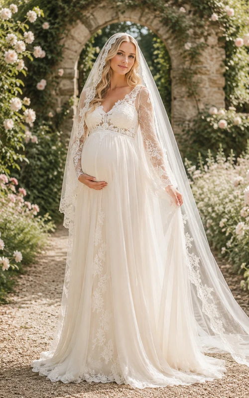 Maternity Wedding Dress V-Neck Long Lace Sleeve Romantic A-Line Gown with Train
