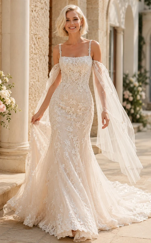 Robe de mariée sirène en dentelle illusion florale à col carré et traîne cathédrale