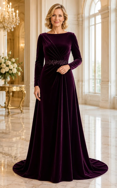 Pflaumenfarbenes Samtkleid mit langen Ärmeln, A-Linien-Form und Perlenbesatz an der Taille